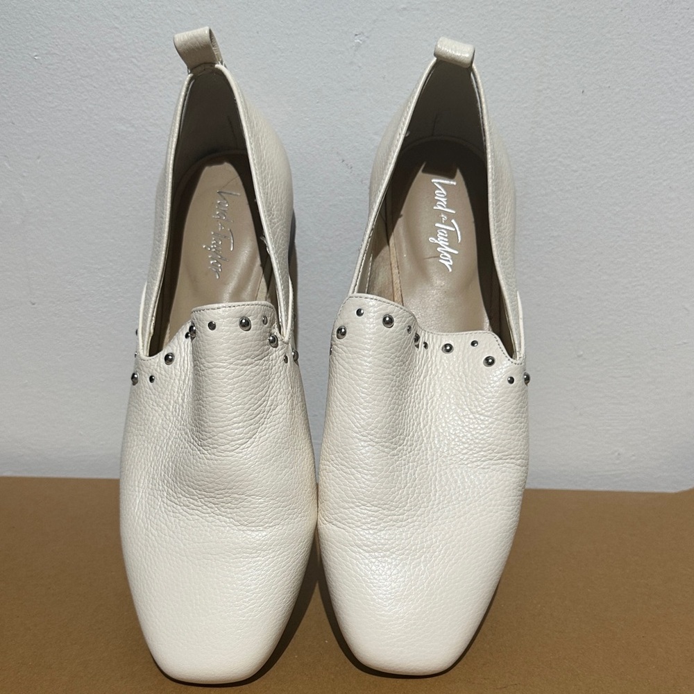 Lord & Taylor Cream Leather Loafers with Stud Accents
